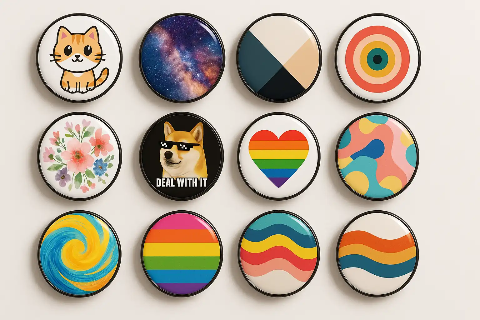 A collection of colorful custom phone finger holder pop up grips with unique user-designed graphics.