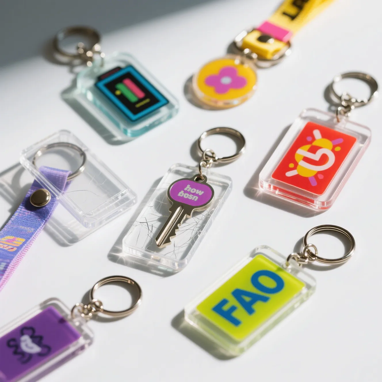 A comparison of acrylic keychains with and without an acrylic keychain protector to show protection benefits.