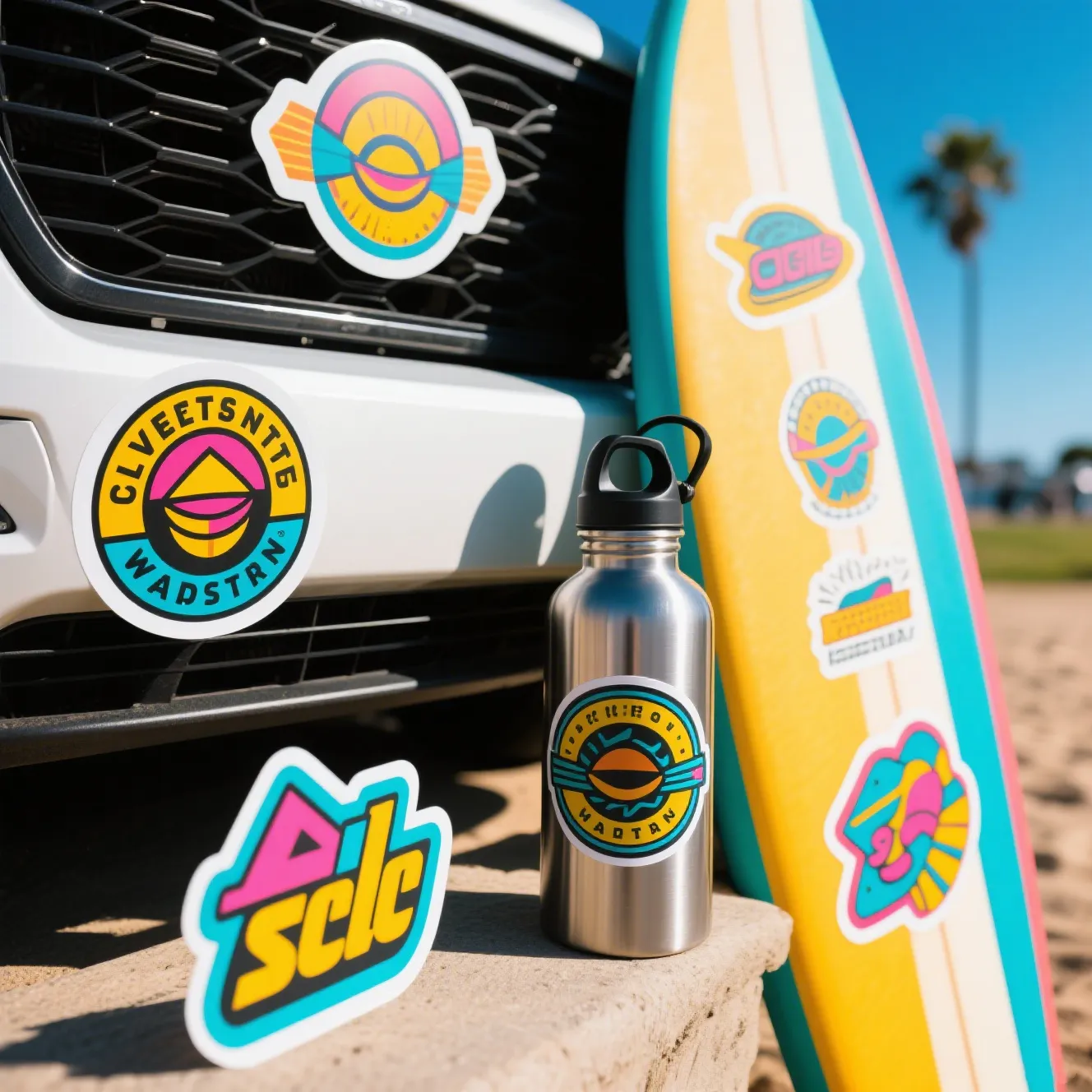 A stunning collection of custom waterproof stickers applied to outdoor gear, showcasing their durability and personalized designs.