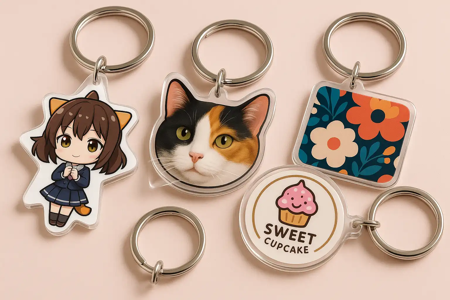 A vibrant collection of custom acrylic keychains with no minimum order, featuring diverse artistic designs like an anime character, a pet portrait, and a small business logo.