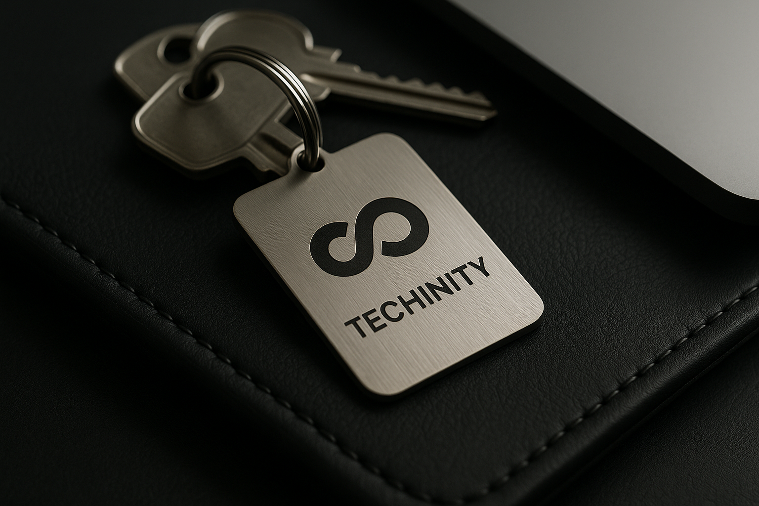 A professional business logo keychain displayed prominently on a set of keys, showcasing high-quality material and engraving.