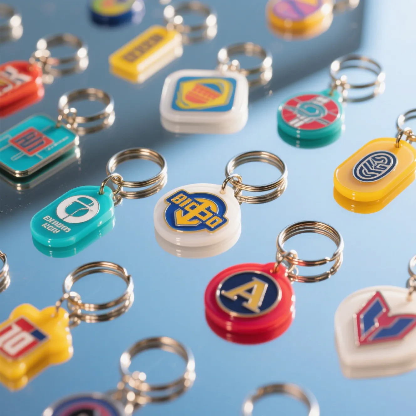 A stunning collection of epoxy printed keychains with personalized designs for branding and gifts.