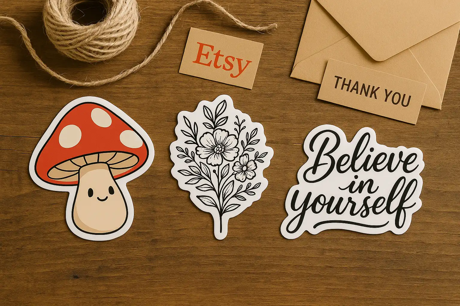 A collection of artistic custom stickers for your Etsy shop, displayed with creative packaging supplies.