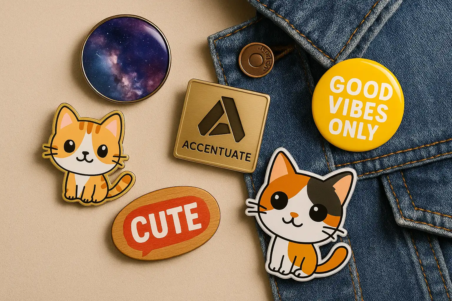 A close-up of various high-quality customized pin badges attached to a denim jacket lapel, showcasing different designs and materials.