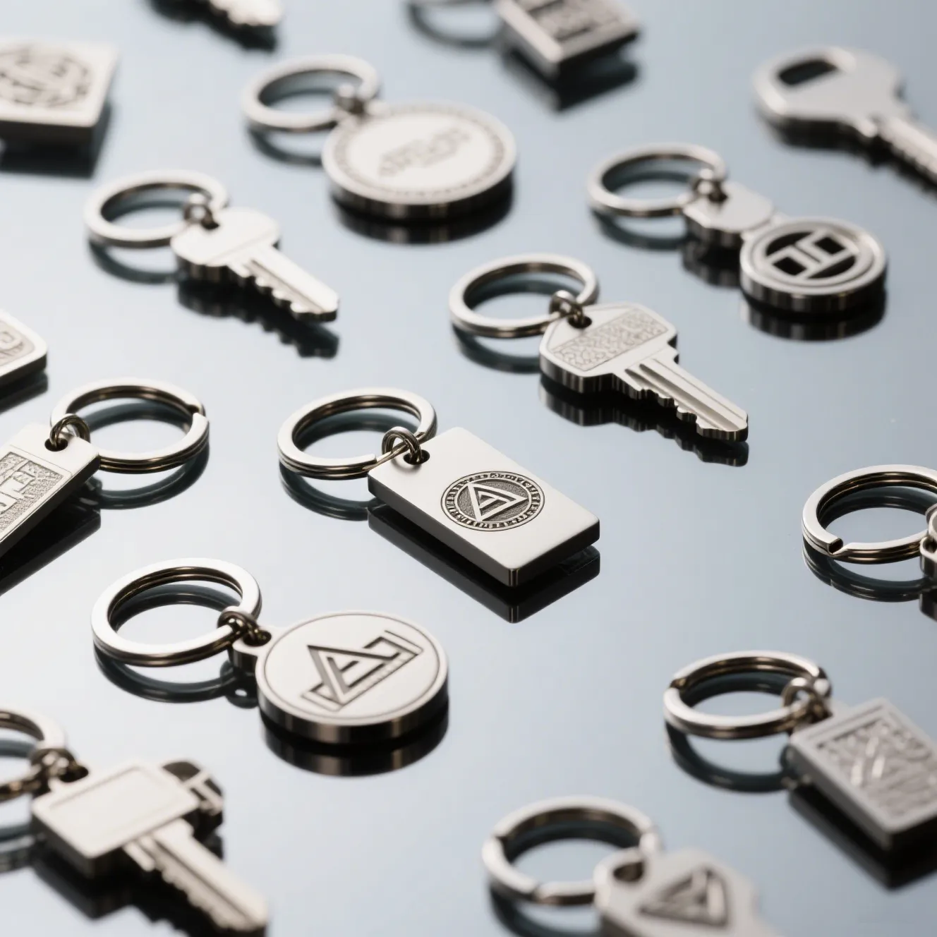A stunning collection of metallic keychain custom designs with personalized engravings for branding and gifts