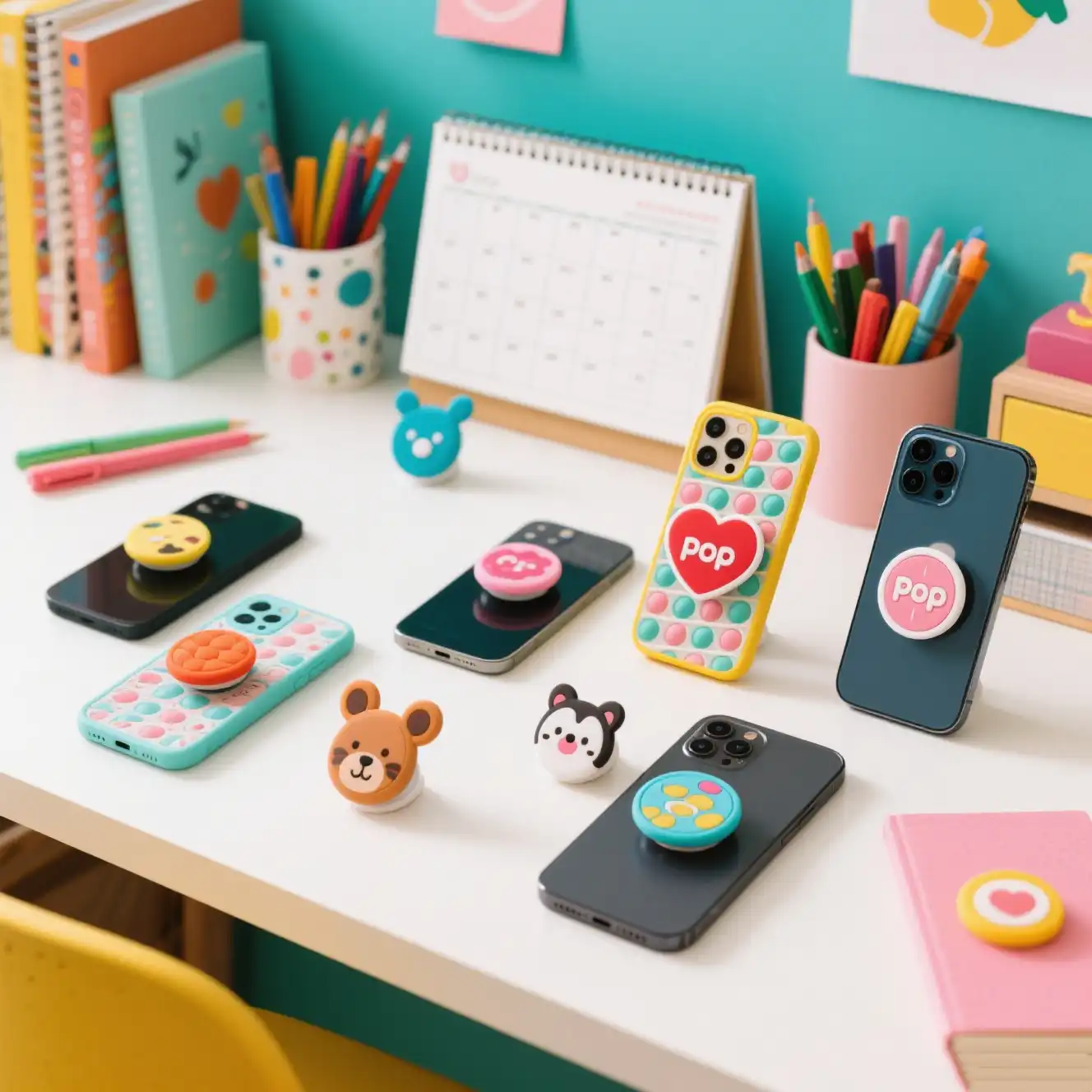 A collection of custom pop it phone holder designs on a creative desk