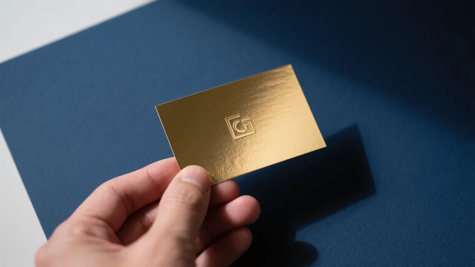 Close-up of premium custom foil cards with gold stamping on navy paper